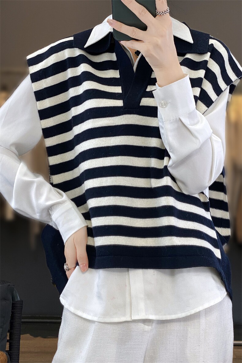 叠穿条纹羊毛针织衫翻领马甲女春秋季坎肩外搭短款毛衣背心上衣,女装马甲,雪真羊绒