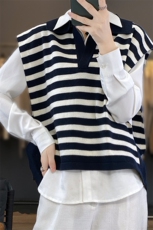 叠穿条纹羊毛针织衫翻领马甲女春秋季坎肩外搭短款毛衣背心上衣，女装马甲，雪真羊绒