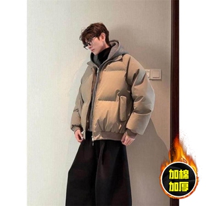 现货高品质重磅工艺美式高街假两件PU皮棉衣男女加厚棉服外套图片