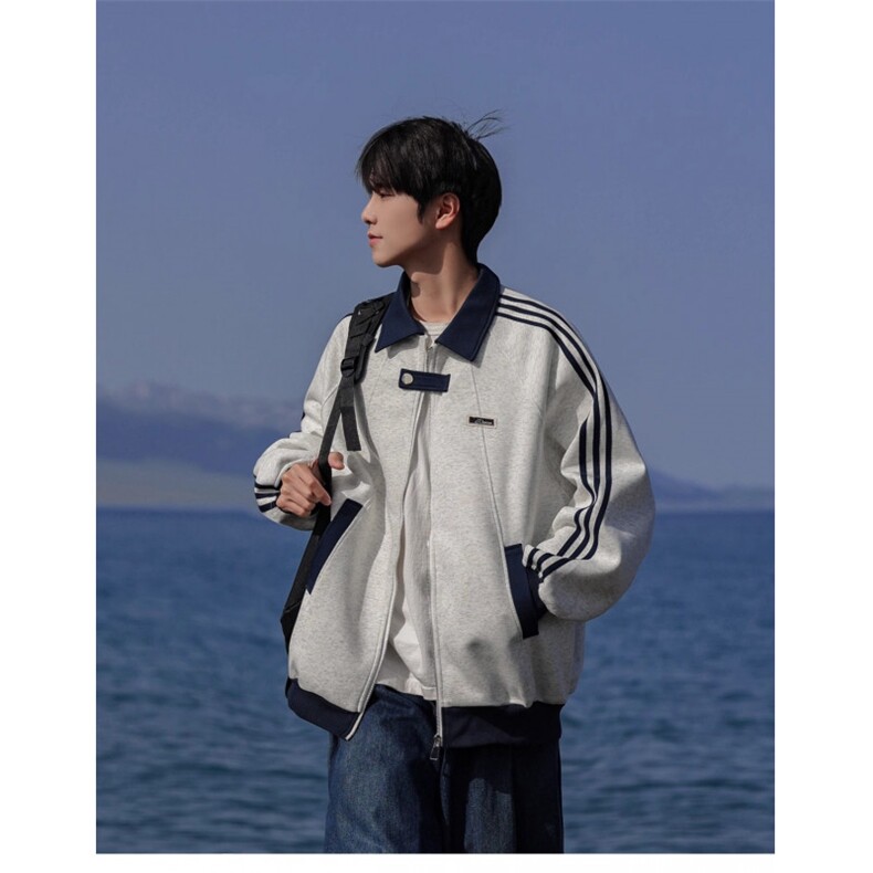 美式复古三条杠潮牌宽松拼接设计感外套夹克棒球服男士W1703p58,男装夹克,电商D315