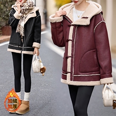 连帽羊羔毛外套女冬2024新款时尚休闲加绒加厚皮毛一体中长款棉服，女装羊羔毛/颗粒绒，美拉德工厂直营店