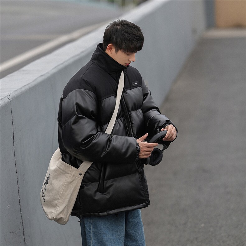 拼接PU皮棉衣加厚棉服立领街头外套ZM073-P110控139,男装棉衣,星座1408-1