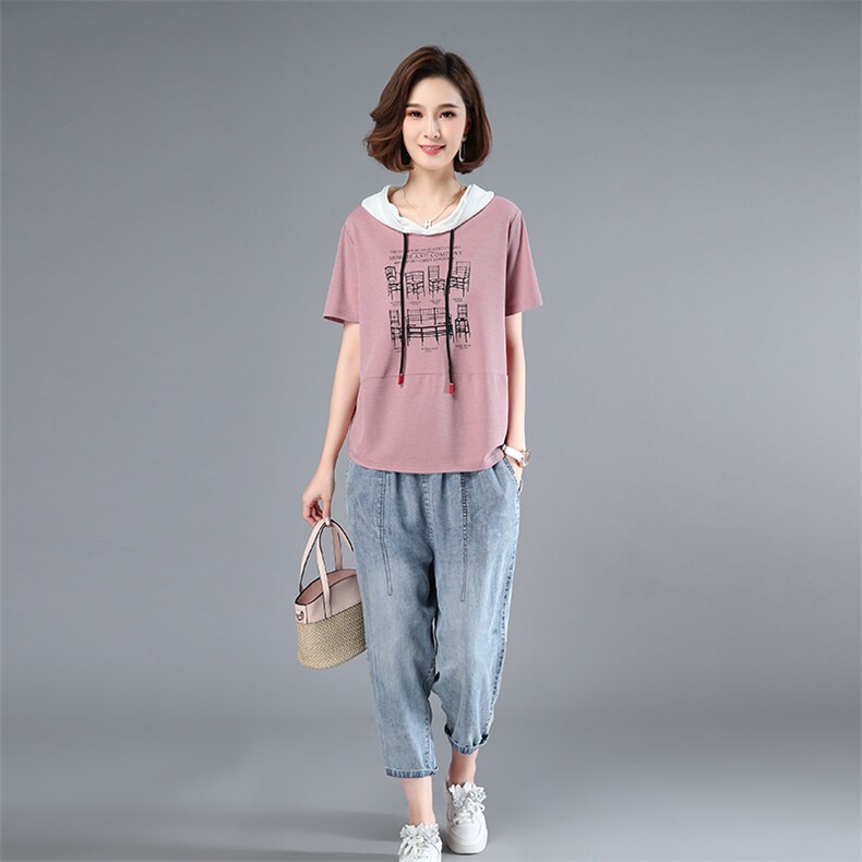 夏装新款宽松短袖印花连帽休闲时尚套装女时髦洋气韩版,女装套装/套裙,独衣靓