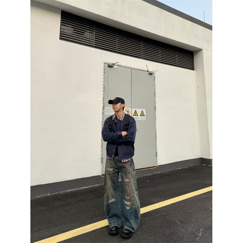 潮牌情侣美式拼接格子假两件夹克外套春季翻领开衫,男装夹克,四季星座505