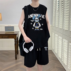 锦氨冰丝布料夏季无袖背心t恤套装透气港风宽松男装DF330P60控78，男装休闲套装，电商A086