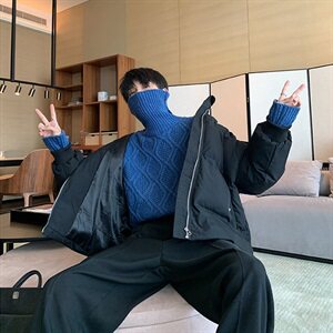 冬季加厚韩版针织衫宽松套头菱格高领毛衣男女T819-P88图片