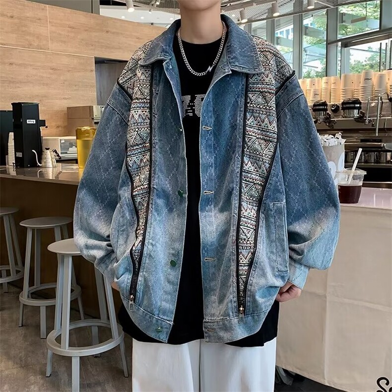 高街潮牌民族风拼接牛仔外套男潮高级感ins休闲宽松学生痞帅夹克，男装民族服装，星座410-7