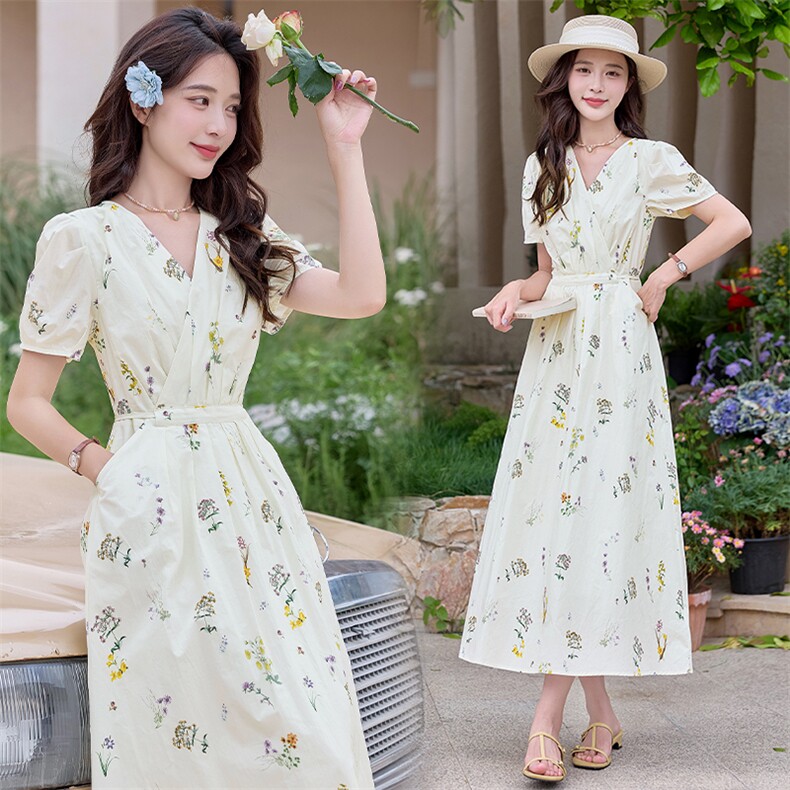 森系甜美泡泡袖连衣裙女夏季新款法式气质女神范收腰显瘦茶歇裙，女装连衣裙，奋斗女王