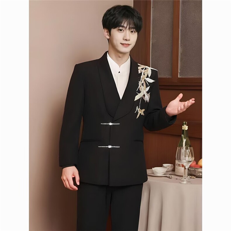 新中式风改良中山装男士春秋2025垫肩西装外套翠竹刺绣上衣图片