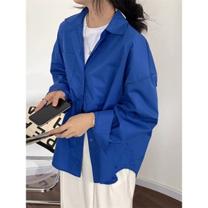 W9823-P43 网图现货 韩版克莱因蓝休闲长袖衬衫宽松气质上衣图片