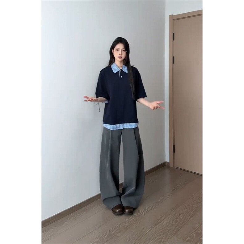 藏青色假两件短袖男女夏季潮牌衬衫拼接t恤重磅美式学院风polo衫,男装T恤,星座1210-1
