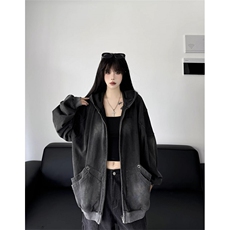 美式复古水洗做旧连帽拉链卫衣男女2025秋季新款宽松百搭外套上衣，女装短外套，星座506A
