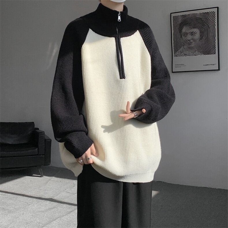 8XL-M撞色半拉链毛衣宽松慵懒风插肩袖大码针织衫外套MY1513/P75,男装针织衫/毛衣,电商B238