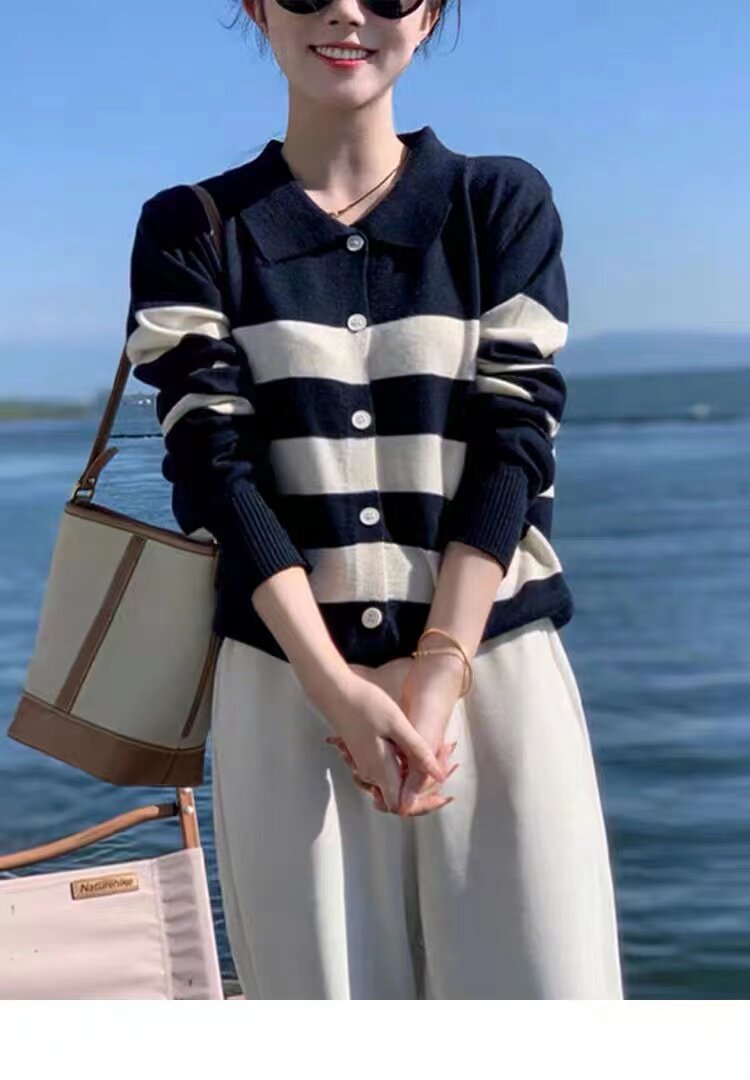 单排扣圆领羊毛长袖条纹2024年秋季针织衫,女装羊毛衫,鑫之绒