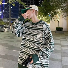 秋冬季新款韩版圆领条纹套头拼色宽松慵懒风针织衫毛衣男YM55/P60，男装针织衫/毛衣，星座506