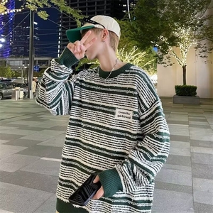 秋冬季新款韩版圆领条纹套头拼色宽松慵懒风针织衫毛衣男YM55/P60图片