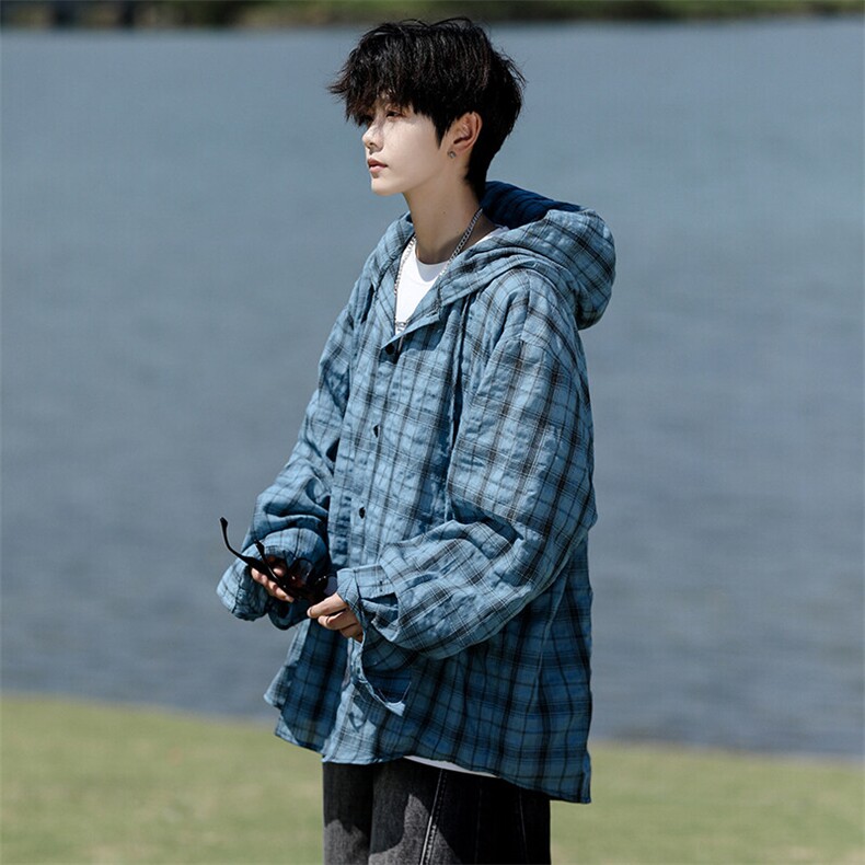 廓形防晒衬衫男夏季长袖冰丝薄款亚麻格子衬衣开衫外套CS29006P48图片