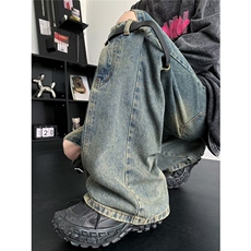 美式高街小众复古做旧高腰立体拼接设计潮牌微喇破洞阔腿牛仔裤男，男装牛仔裤，星座601-1