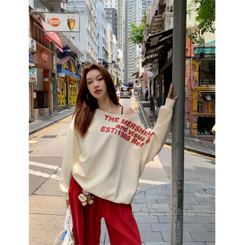 QC011-p4524美式复古辣妹斜肩卫衣女新款慵懒感长袖上衣,男装卫衣,星座617A-2