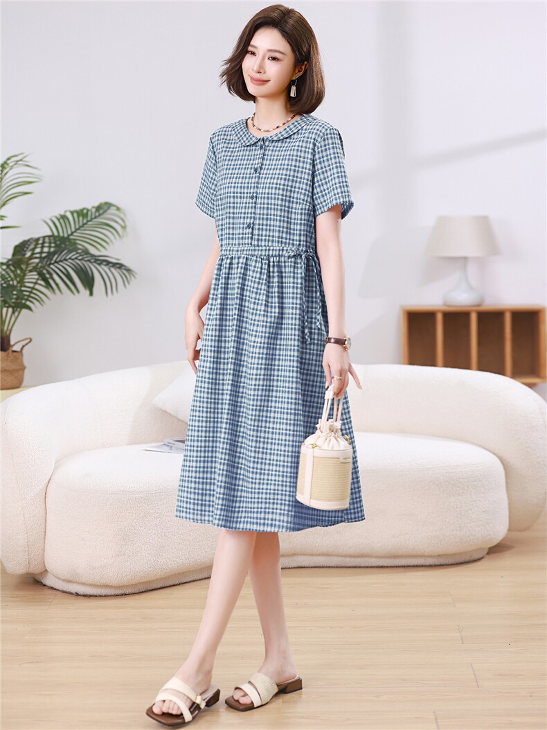 2026新款韩版格子宽松大码遮肉格子中长款棉麻连衣裙夏季薄款,女装连衣裙,江忆布依