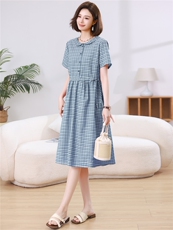 2026新款韩版格子宽松大码遮肉格子中长款棉麻连衣裙夏季薄款，女装连衣裙，江忆布依