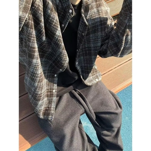 格子衬衫男长袖港风痞帅外套日系复古潮牌工装衬衣513ACS2384P48图片