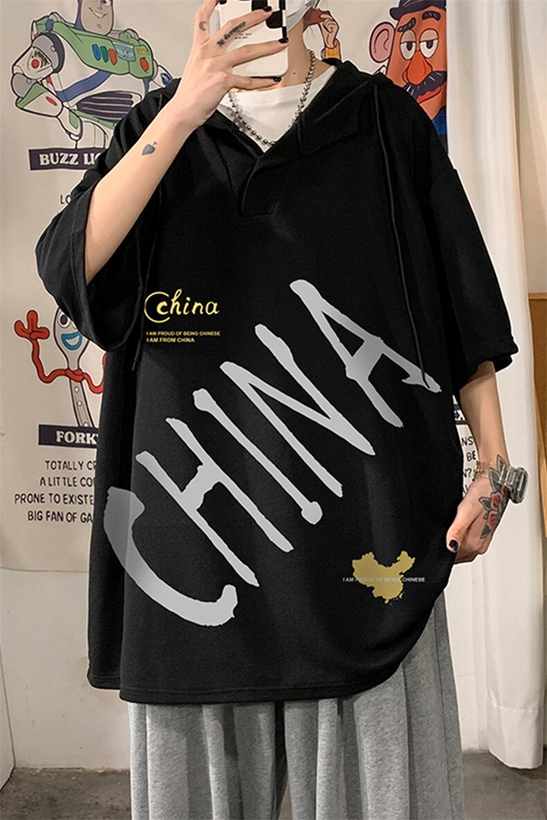LD54208-P45连帽短袖t恤男大码胖子带帽五分袖中袖,男装T恤,电商A040