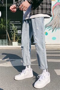 牛仔裤男长裤韩版潮流直筒潮牌ins九分裤宽松破洞乞丐裤图片