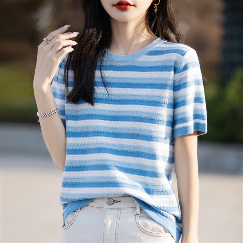 正肩短袖条纹T恤女2025夏季新款小个子纯棉显瘦宽松圆领体恤上衣,针织衫/毛衣,彩羽羊绒