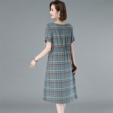 外贸出口品牌剪标女装复古棉麻连衣裙宽松大码拼接格子a字亚麻裙，女装连衣裙，玛其路