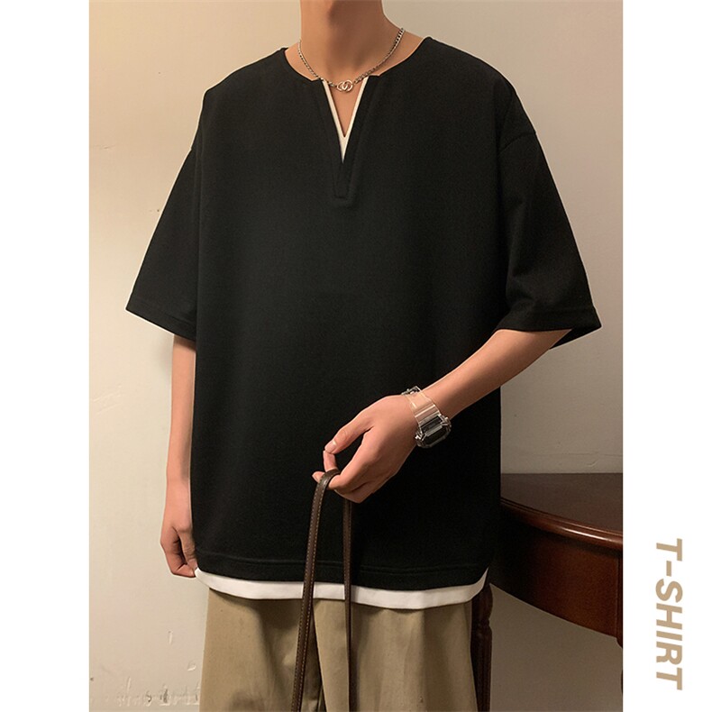短袖男港风暖光体恤夏季休闲百搭纯色V领T恤男上衣TC3134-P30控50,男装T恤,星座717