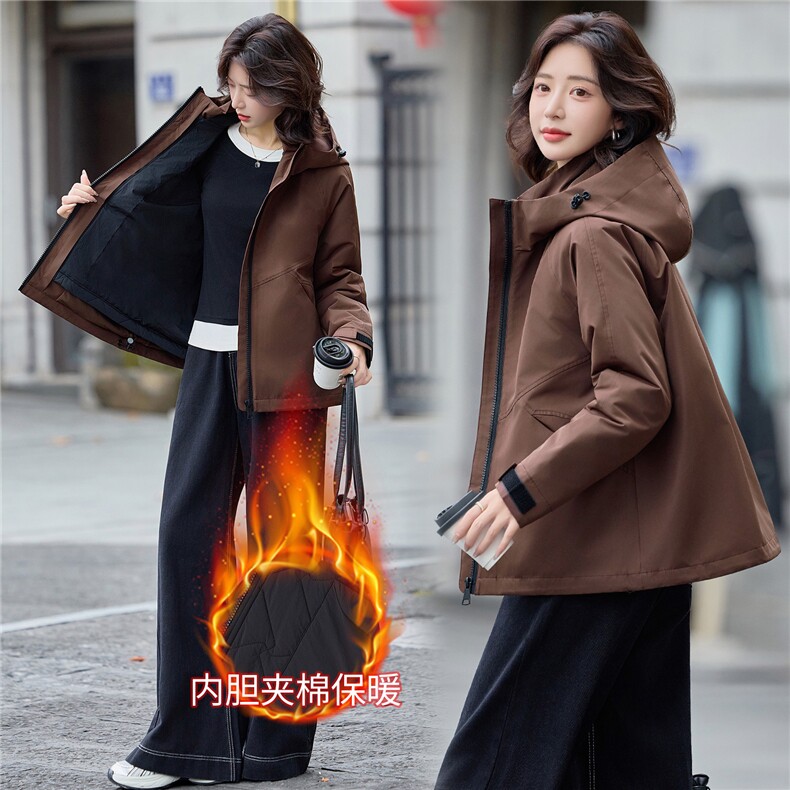 2025年冬季可脱卸两件套休闲连帽短款外套,女装棉衣/棉服,文熹诺