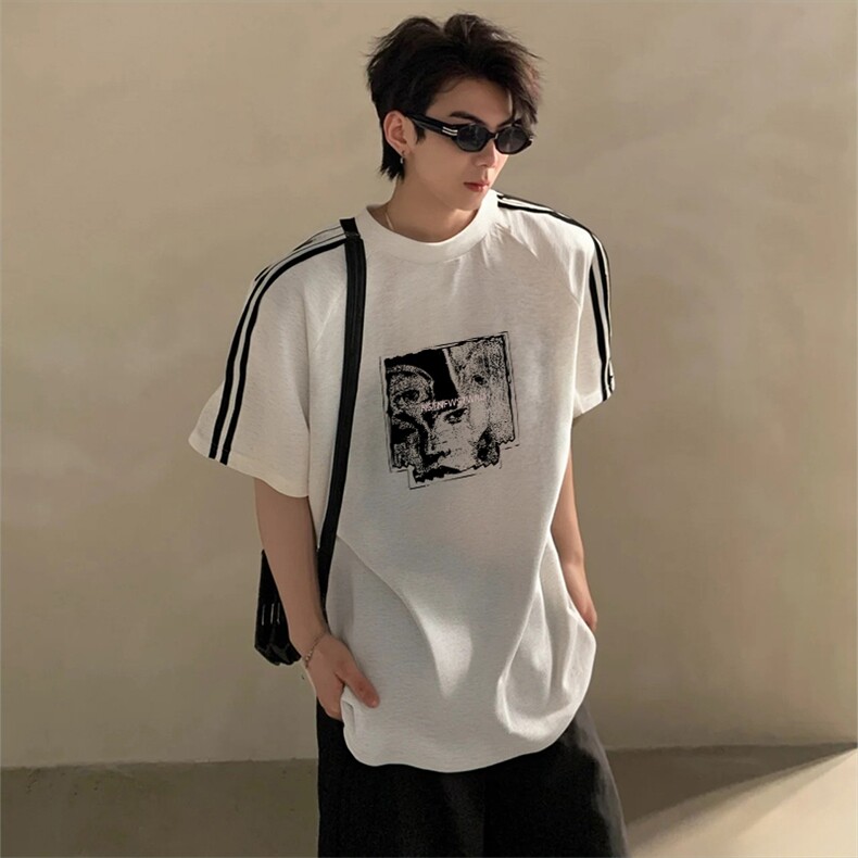 抖音得物高品质二开240克宽松纯棉美式潮牌三条杠织带短袖T恤,男装T恤,电商A486-1