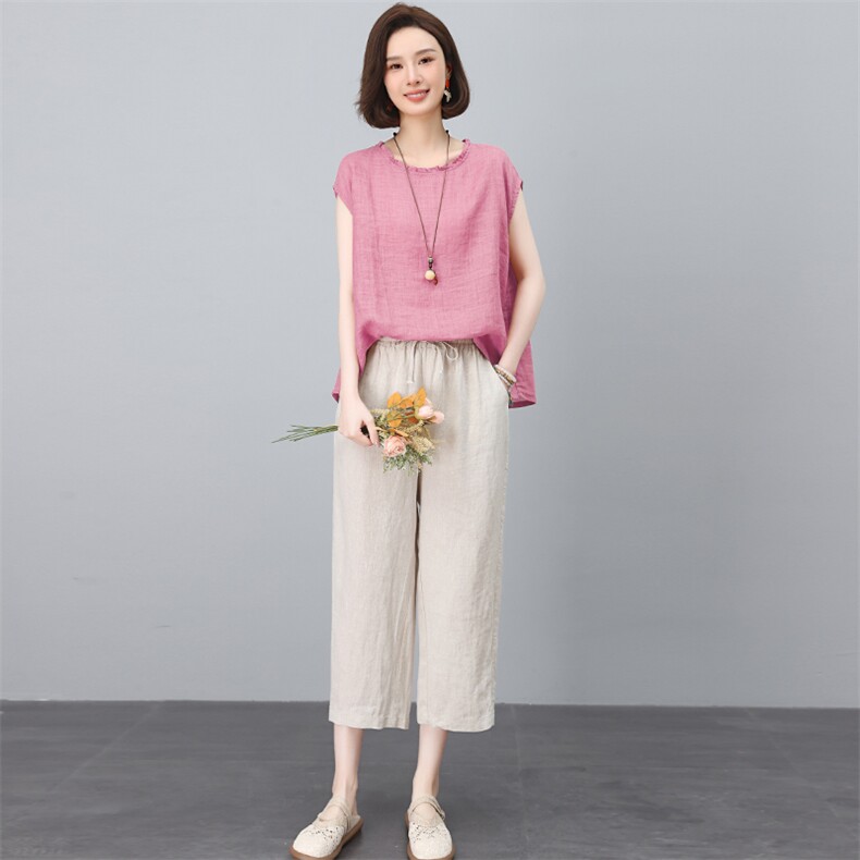 新中式高端苎麻刺绣套装女2025夏新款中年妈妈洋气减龄亚麻两件套,女装套装/套裙,独衣靓