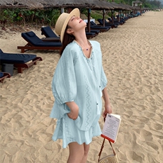 波西米亚度假风时尚蕾丝防晒衫套装女2025夏季新款宽松短裙两件套，女装套装/套裙，2D044
