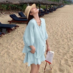 波西米亚度假风时尚蕾丝防晒衫套装女2025夏季新款宽松短裙两件套图片