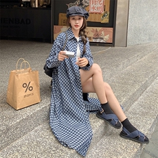 现货－格子牛仔长款外套连衣裙－P135－K189，女装连衣裙，浪娴服饰