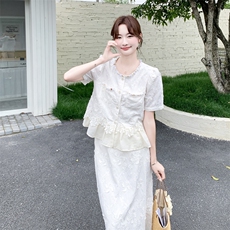 2026夏季新款套装裙女夏季法式温柔风蕾丝提花上衣半身裙两件套，女装套装/套裙，霓裳依族