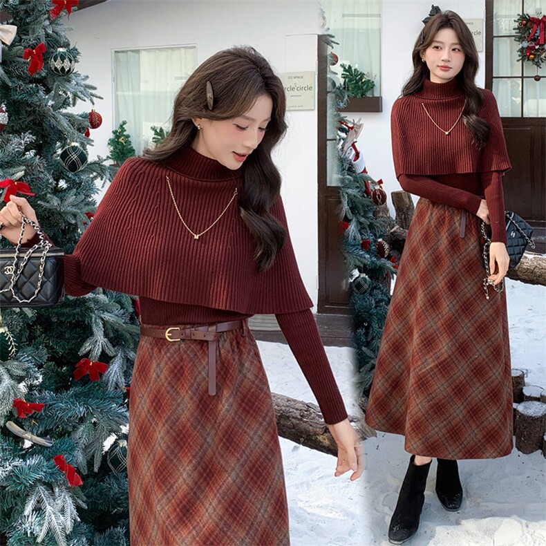 设计感洋气套装裙女2025冬新款针织斗篷打底衫格纹半身裙三件套，女装套装/套裙，超帛
