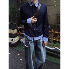 706-1-CS9670-P38特P现货秋季男士藏蓝色假两件拼接格纹衬衫，男装衬衫，星座706-1