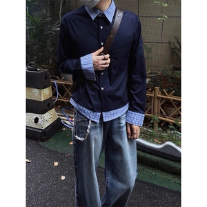 706-1-CS9670-P38  特P  现货 秋季男士藏蓝色假两件拼接格纹衬衫图片