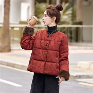 现货2025年新款冬季中式羽绒服复古提花毛领袖口白鸭绒女外套潮流图片