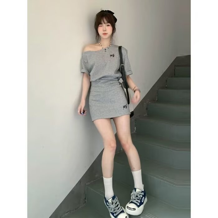 高端定制院风短款斜领露肩灰色短袖T恤女夏季新款高腰显瘦短裙套,男装T恤,星座1210-1