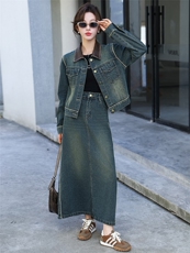 潮牌复古时尚牛仔套装女2024春秋新款洋气炸街短外套阔腿裤两件套，女装套装/套裙，跑量工厂店