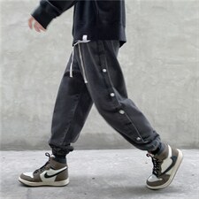 排扣牛仔裤男士宽松大码束脚复古老爹裤韩版运动休闲裤子现货主推，男装牛仔裤，星座302B-2