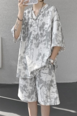 特批P40无差价夏季华夫格扎染V领轻薄短袖短裤套装大码男TZ5369，男装休闲套装，电商A001