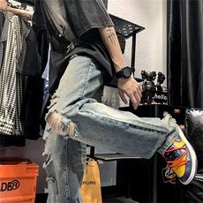 高街hiphop复古破洞牛仔裤男宽松直筒裤ins潮牌阔腿裤NK3021-P43，男装牛仔裤，星座1008