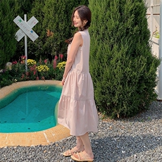 浅粉色木耳边无袖连衣裙女2025夏季新款韩系小个子甜美减龄背心裙，女装连衣裙，浙宝220