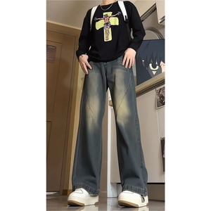 美式复古拼接微喇牛仔裤男款春秋高街水洗渐变裤子KZ005P60图片