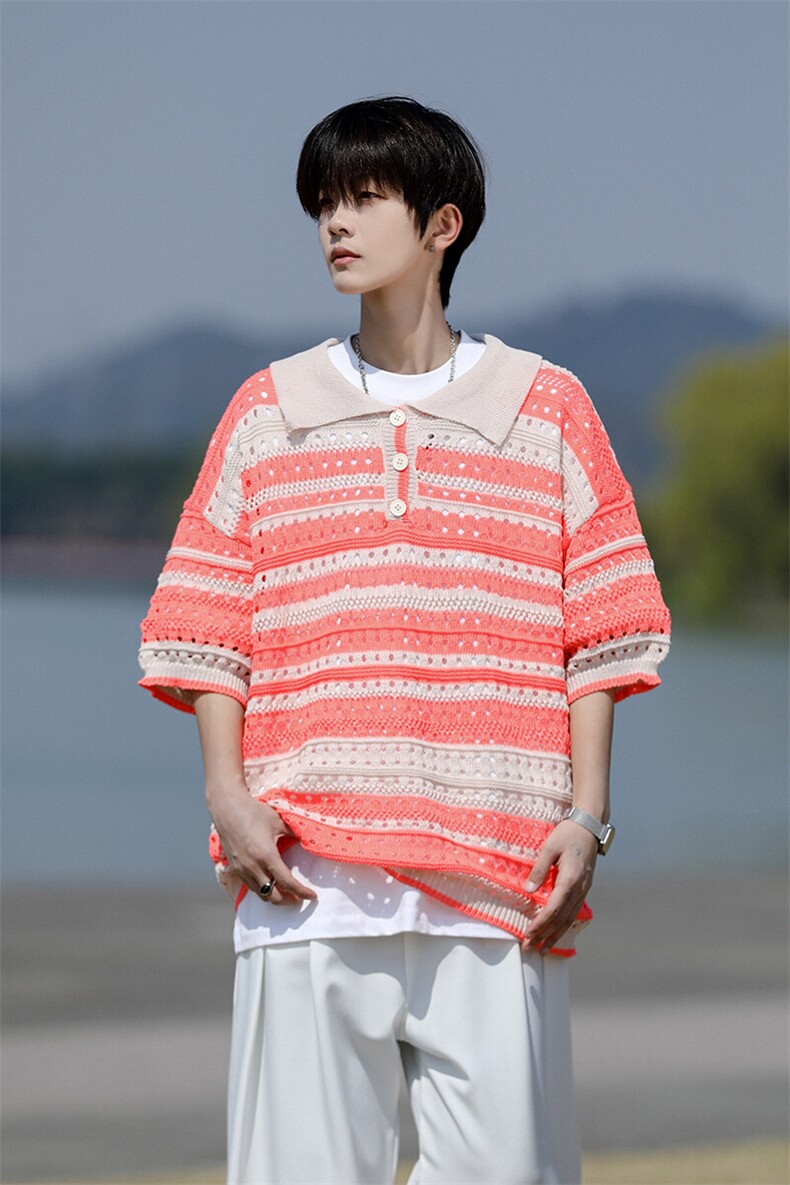 8XL-M特大码美式复古条纹撞色针织POLO衫翻领休闲短袖TDX311P35,男装T恤,电商D206-1